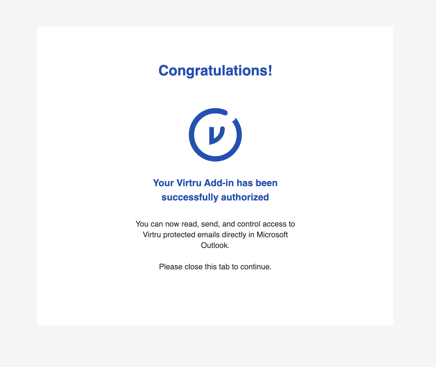 Virtru add-in successfully authorized page