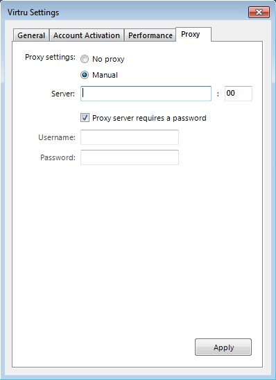 Proxy tab with Proxy server requires a password selected