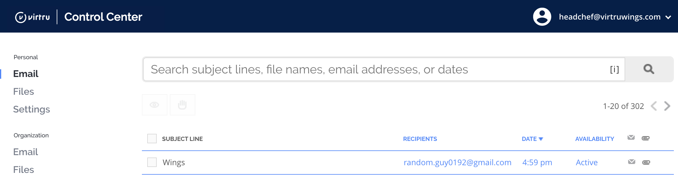 Control Center Email page
