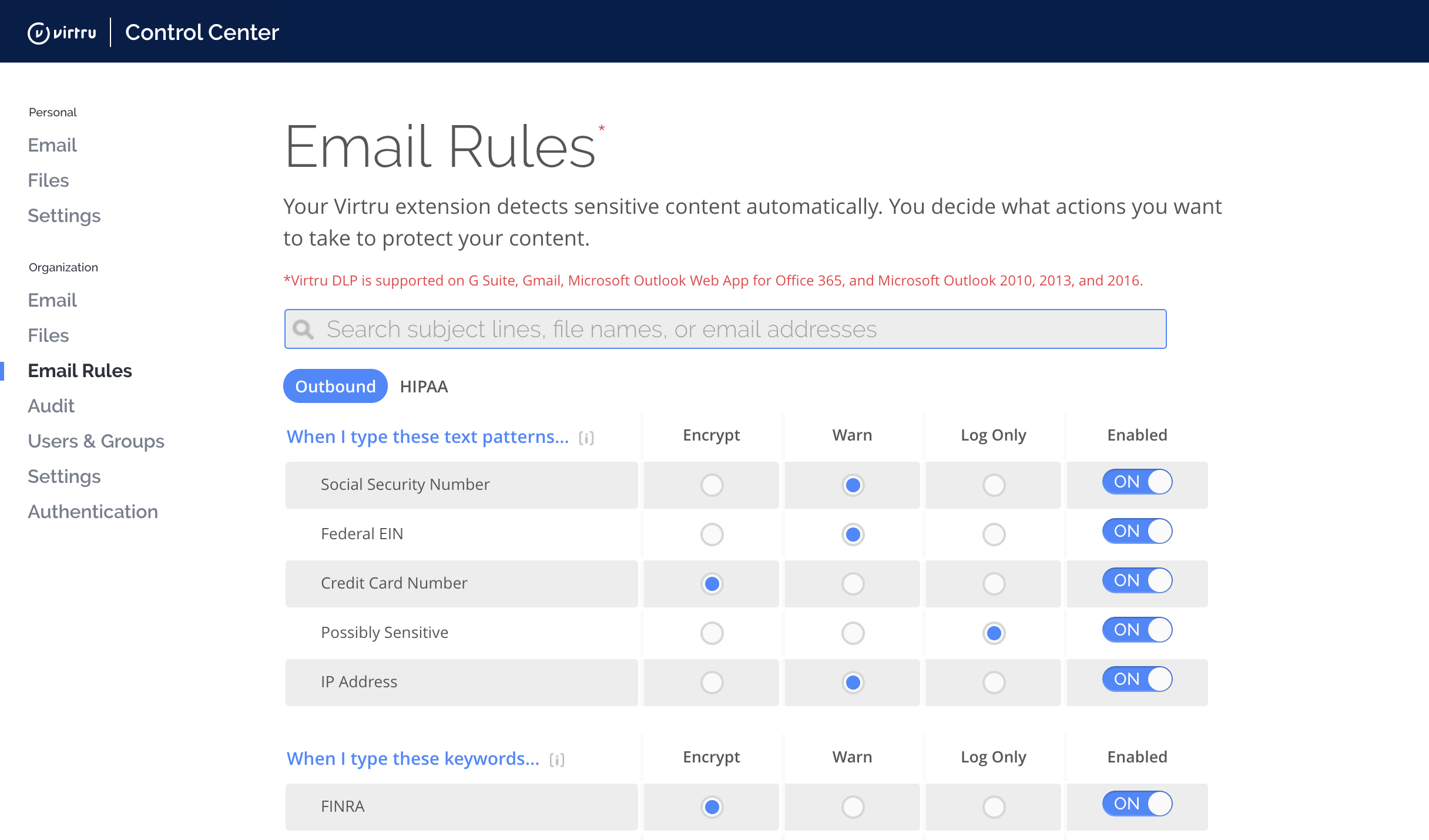 Control Center Email Rules page