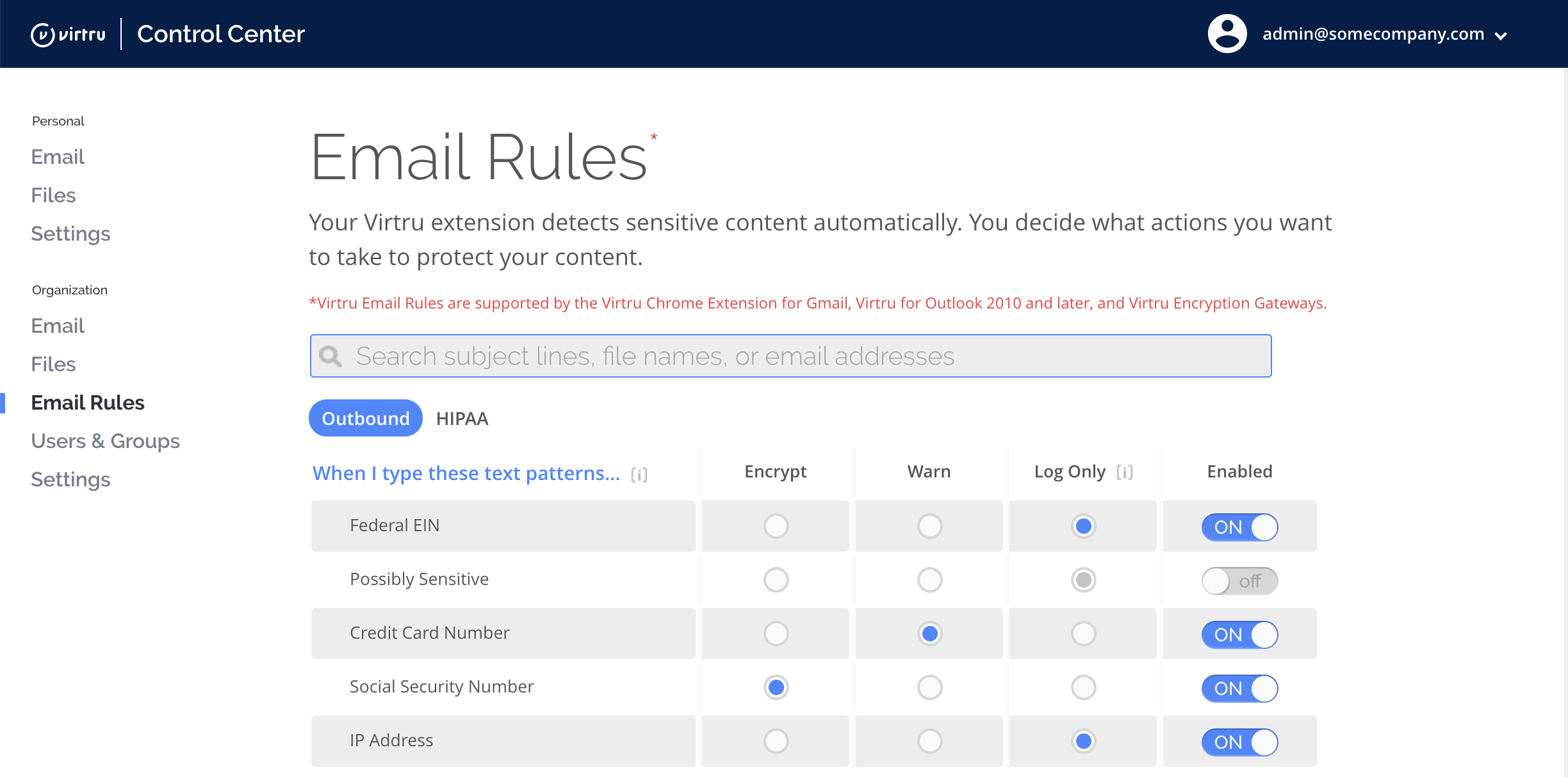Email Rules page