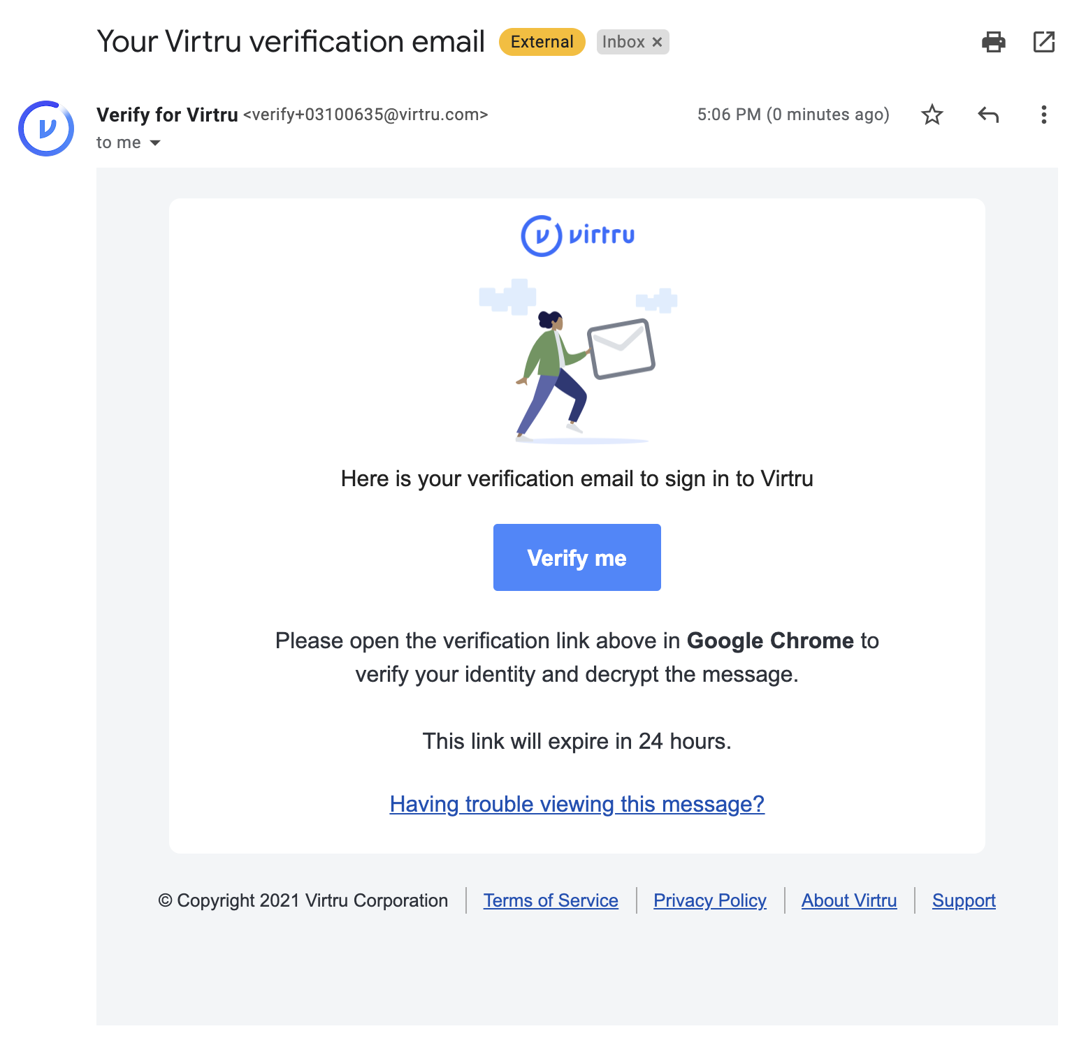 Virtru verification email with verify me button