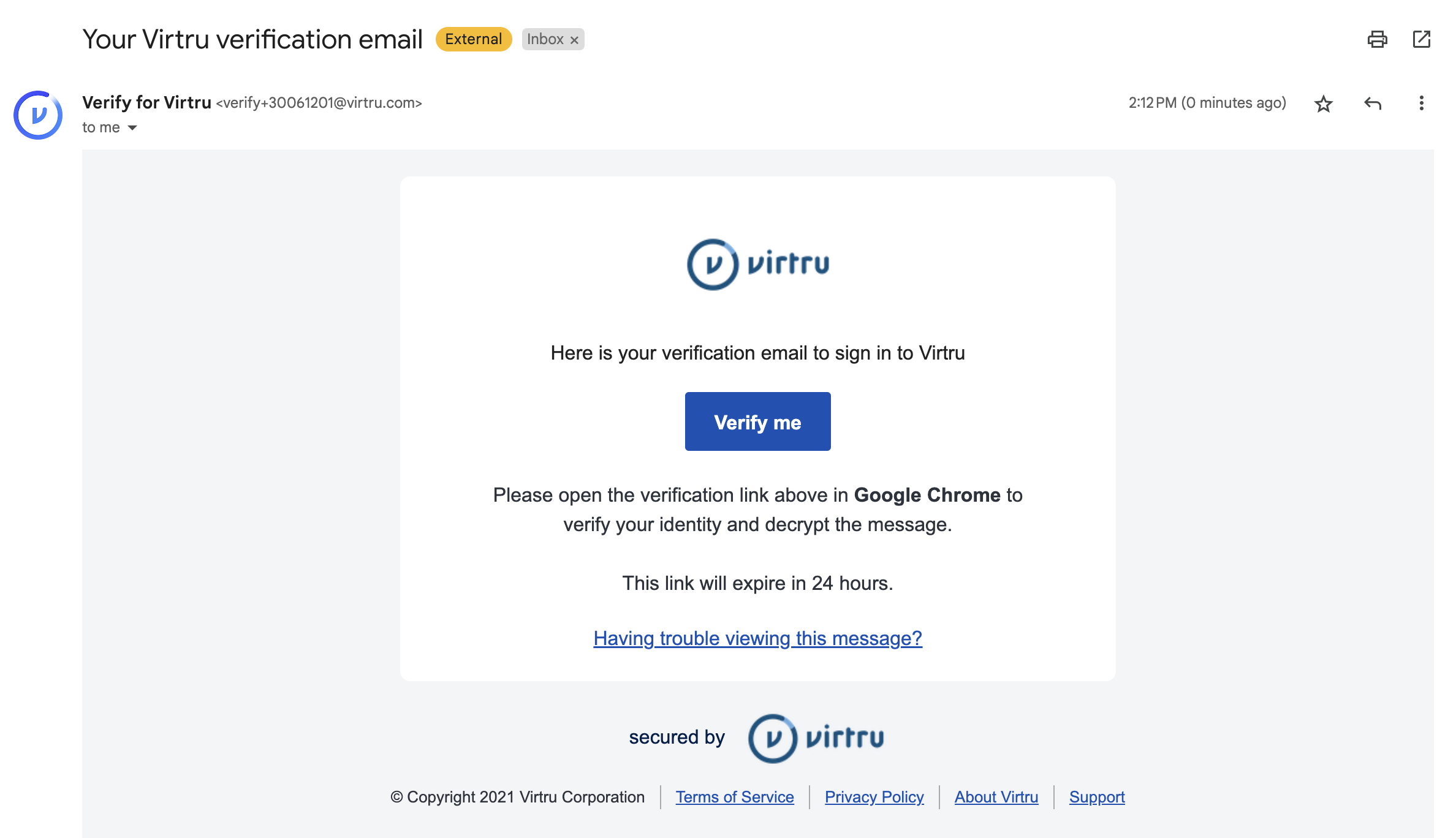 Virtru verification email