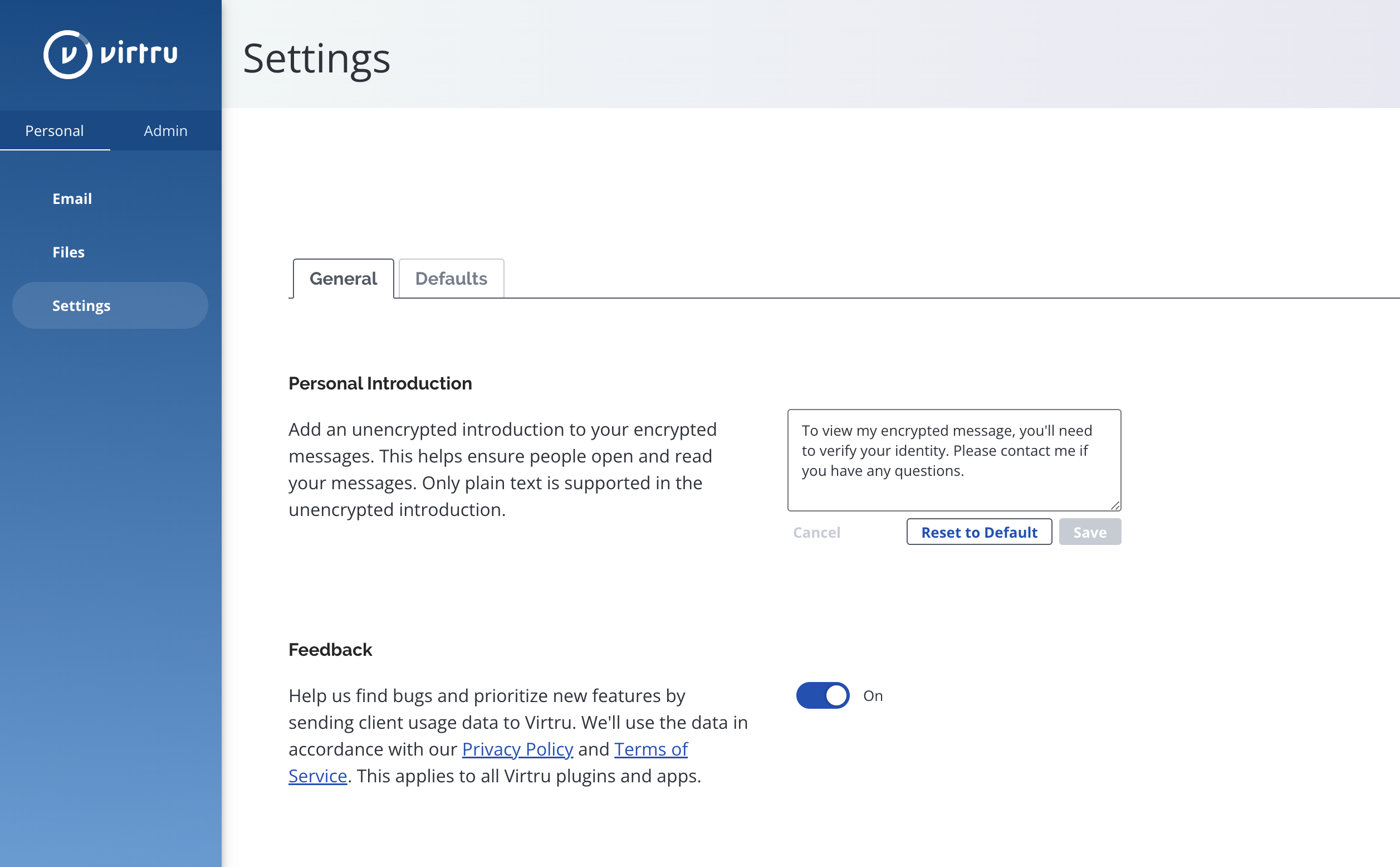 Personal Settings page