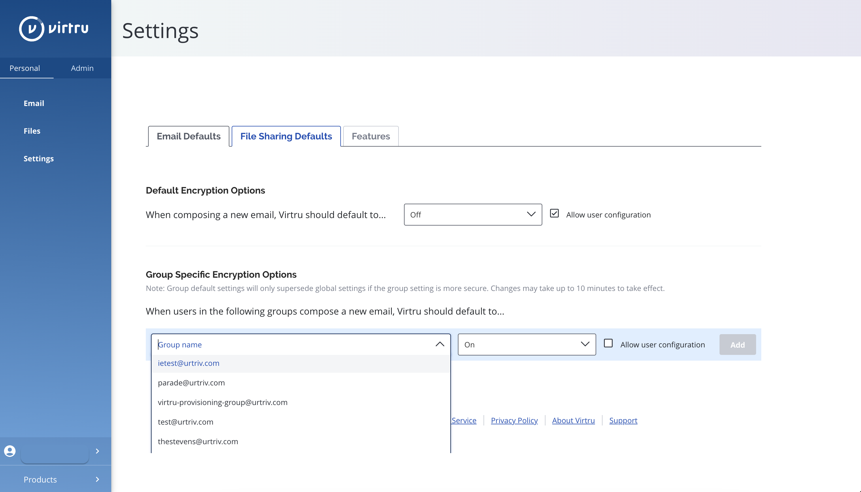 Group Encryption Default settings