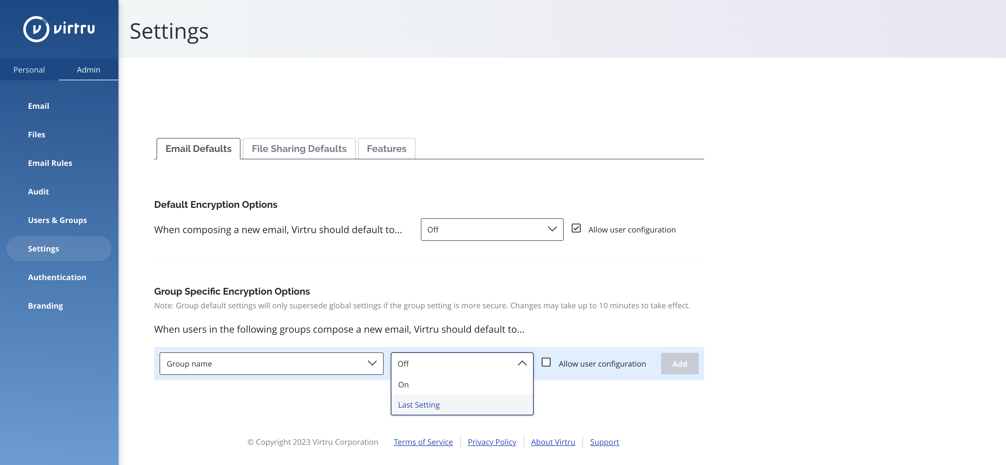 Control Center Default Encryption options page