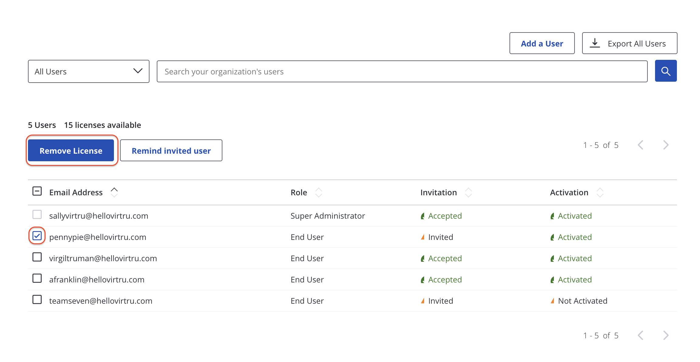 Checkmark user and remove button