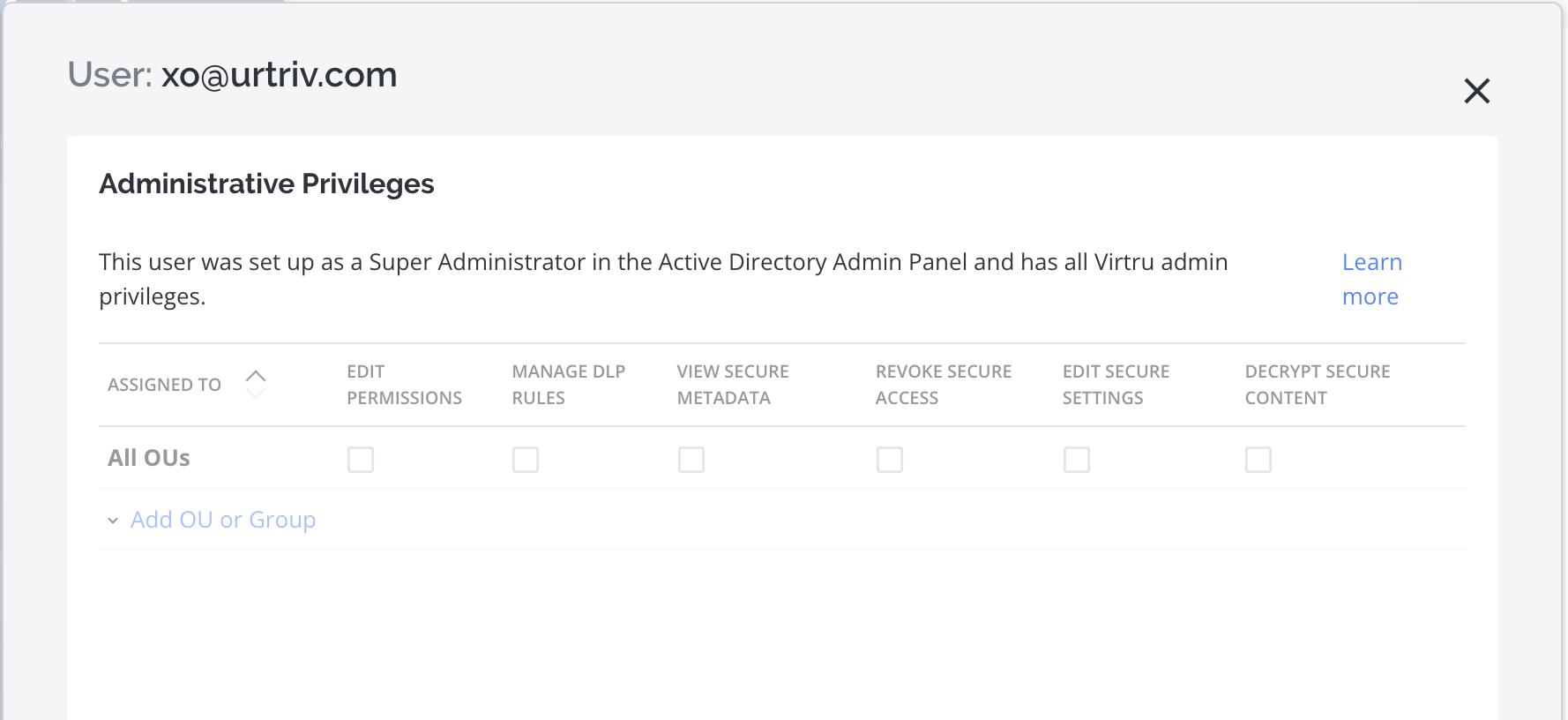 Active Directory admin with Admin privileges in Virtru Control Center