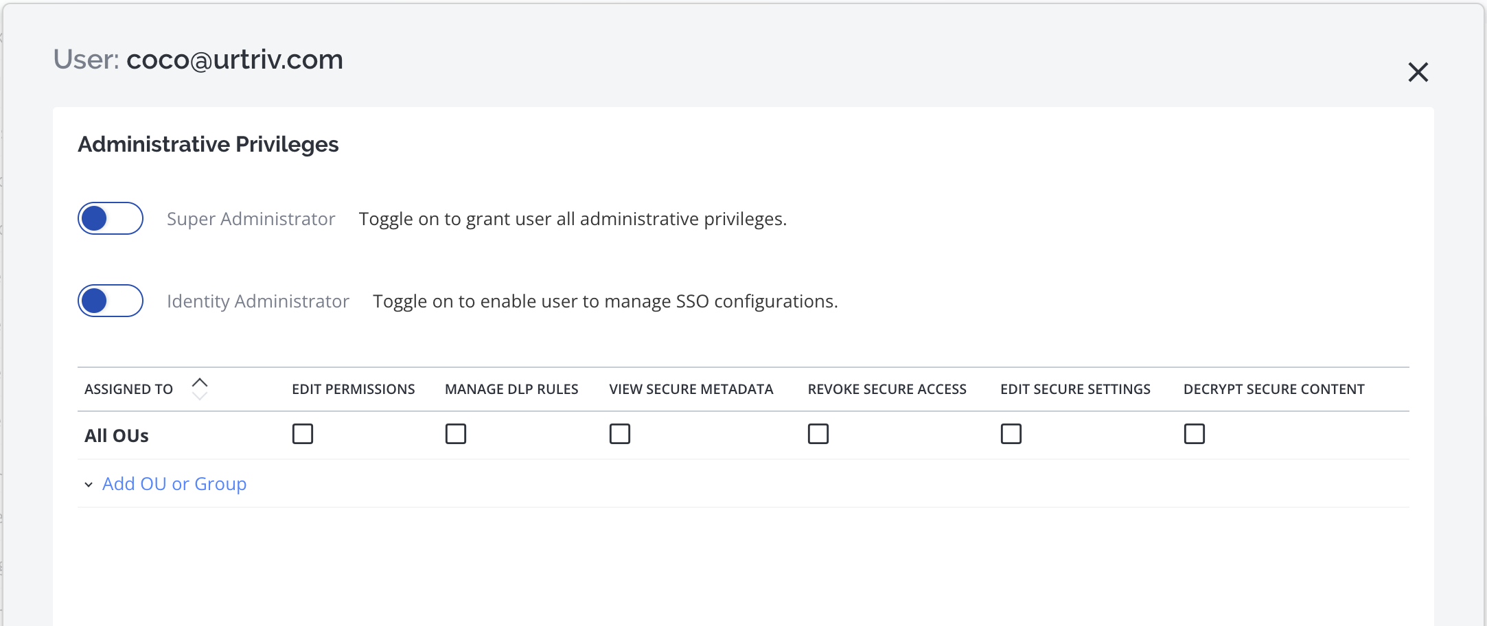 non Virtru admin with admin privileges view