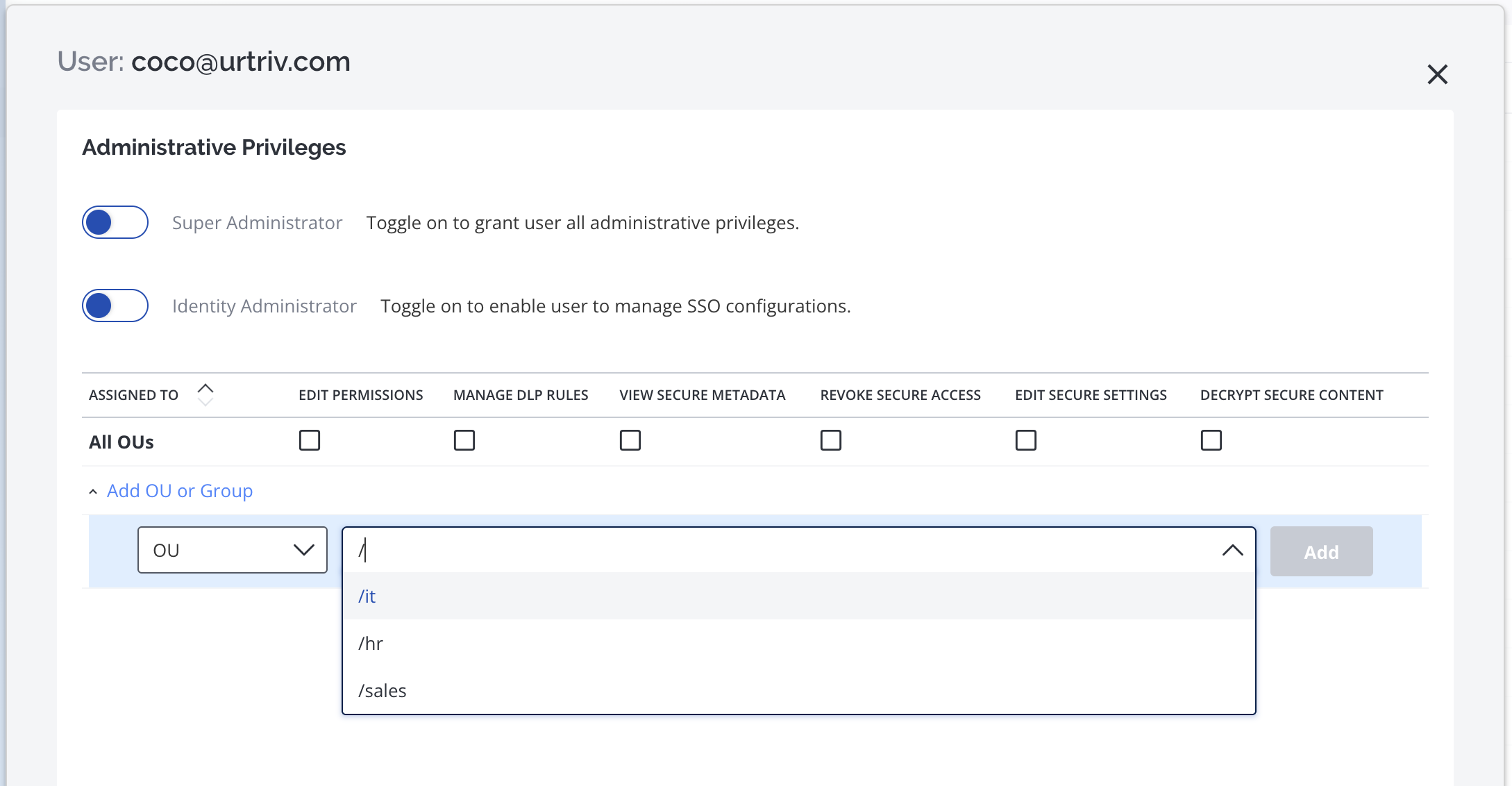 providing permissions over OU or group to user