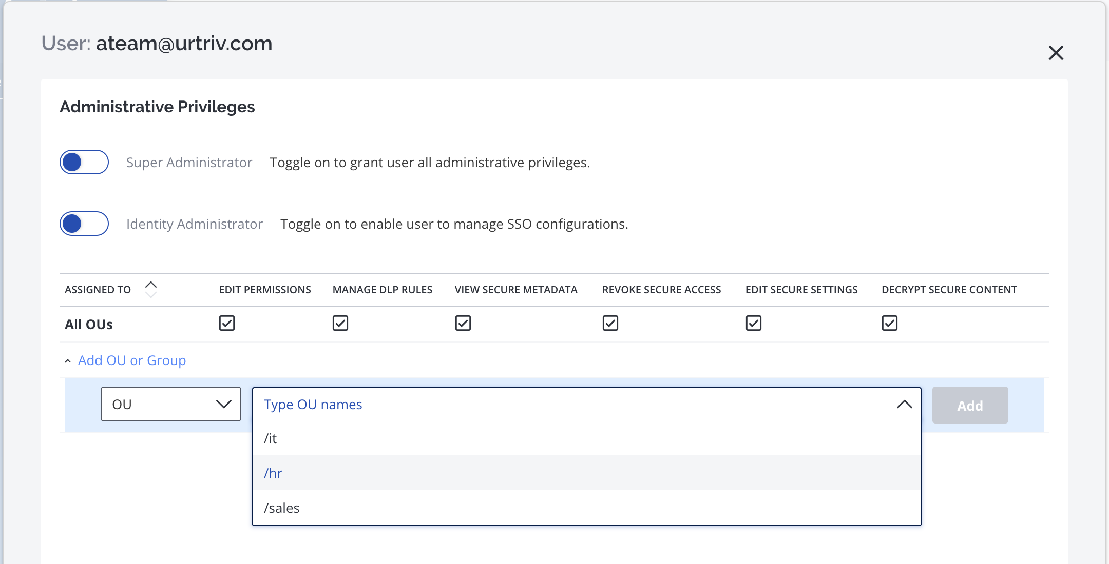modal to apply permissions over groups and ou to group email address