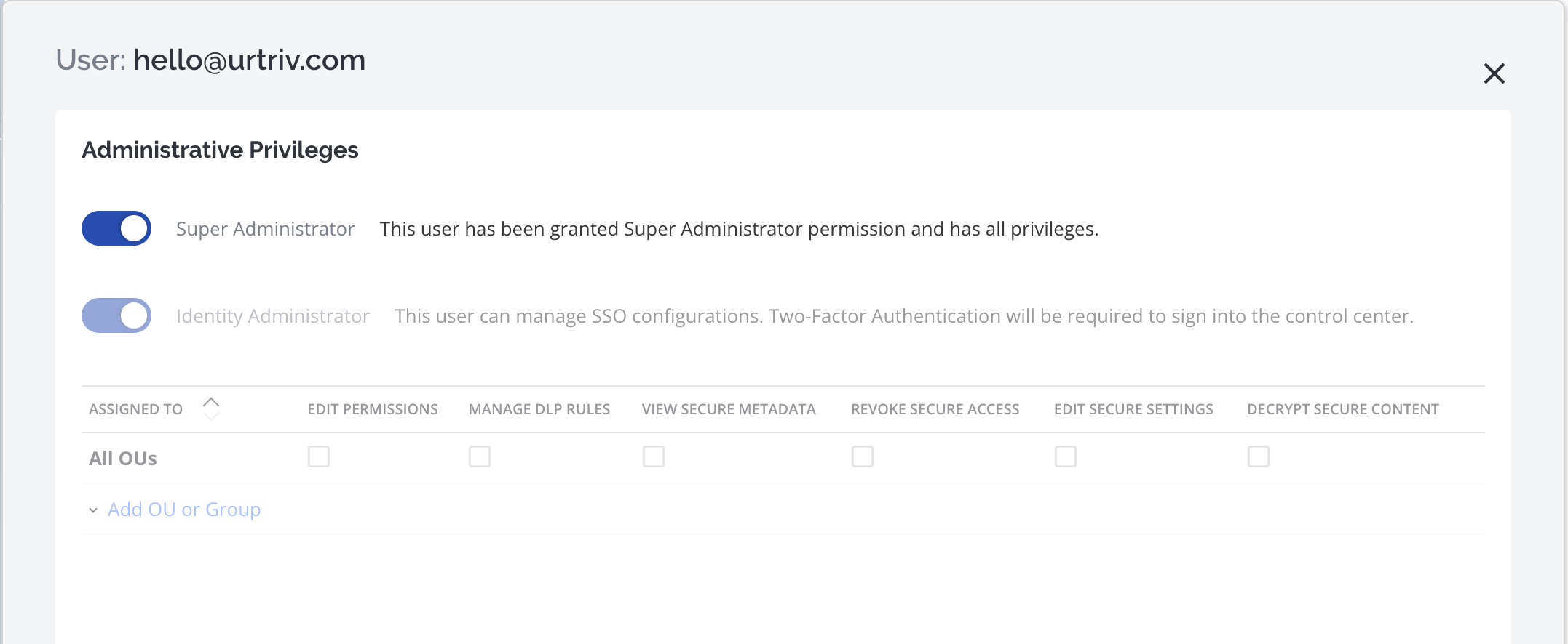 Virtru admin permissions modal