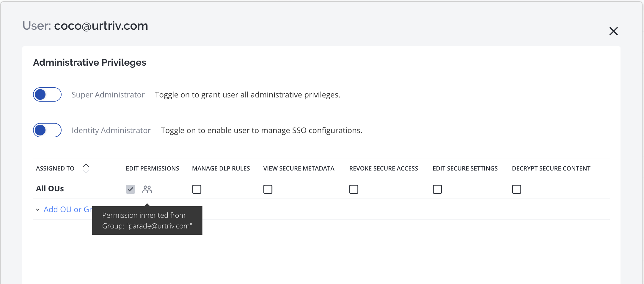 inherited priveleges on user modal