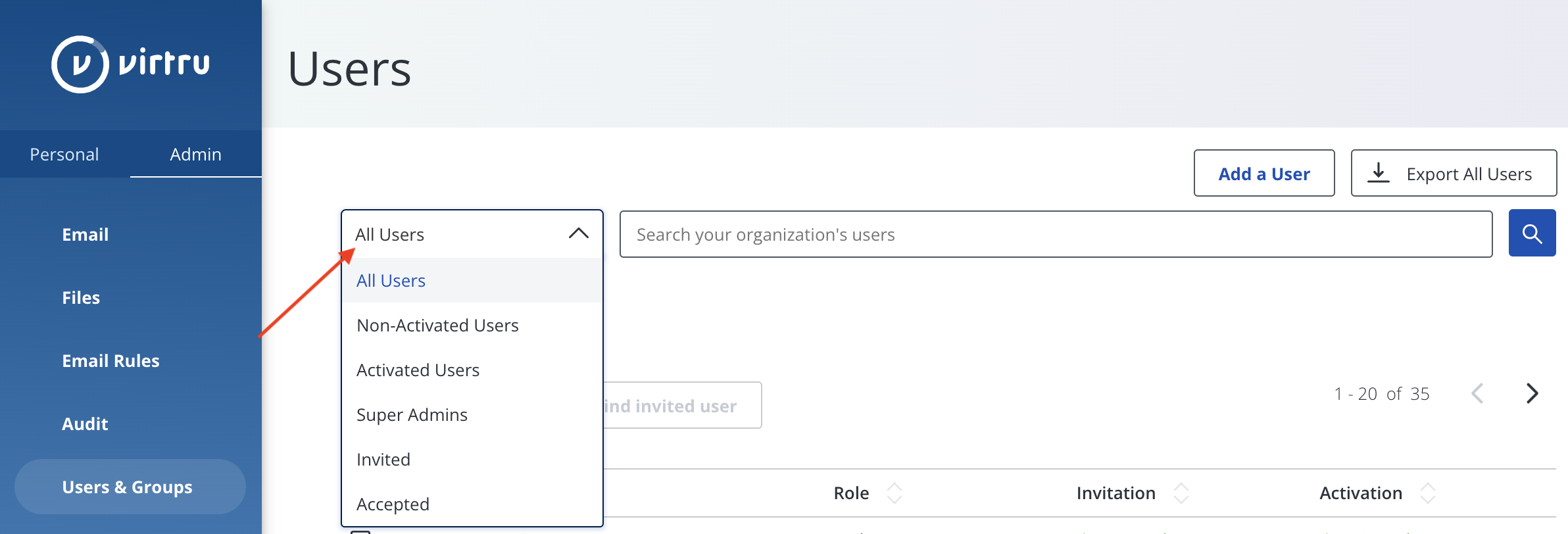 Users drop-down