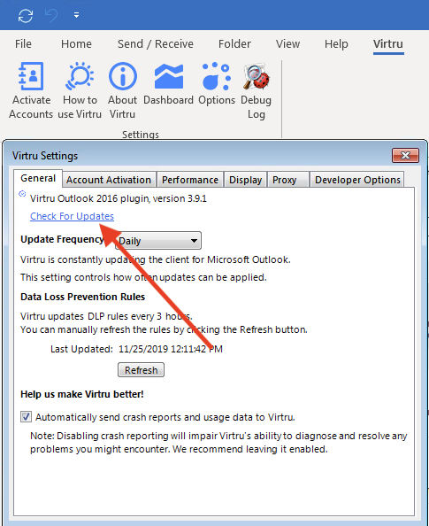 Checking for updates in Outlook