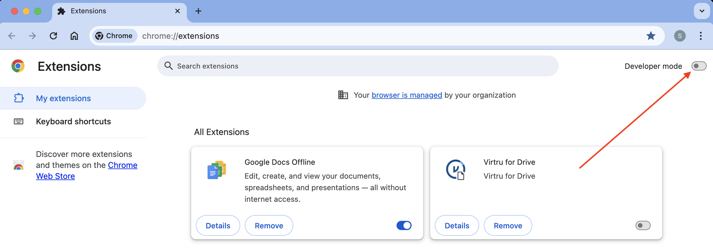 Chrome extensions page Developer mode toggle