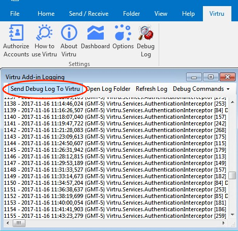 Submit Debug Log To Virtru button