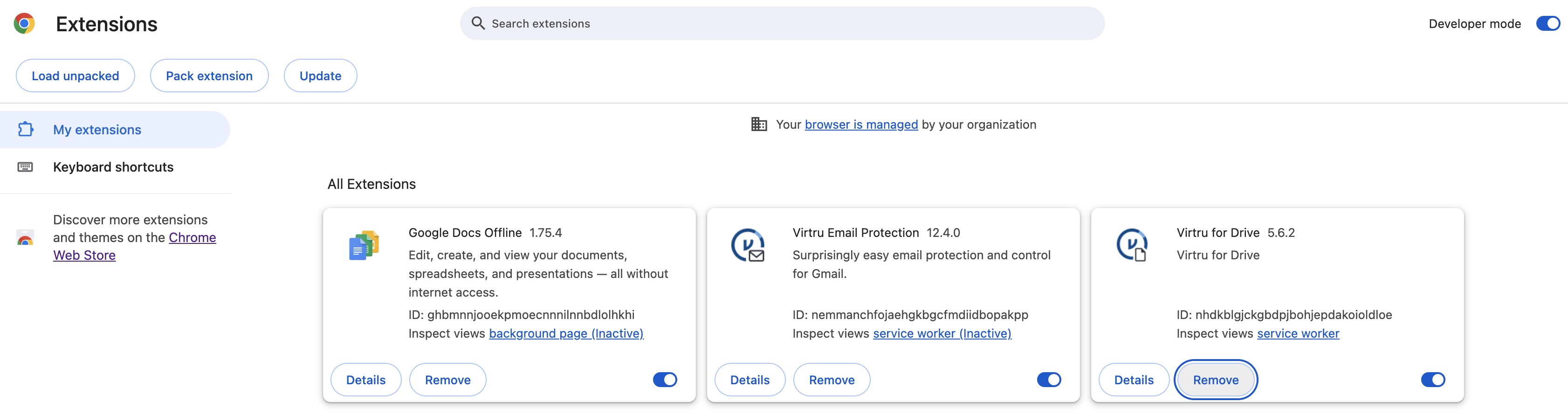 Chrome extensions page