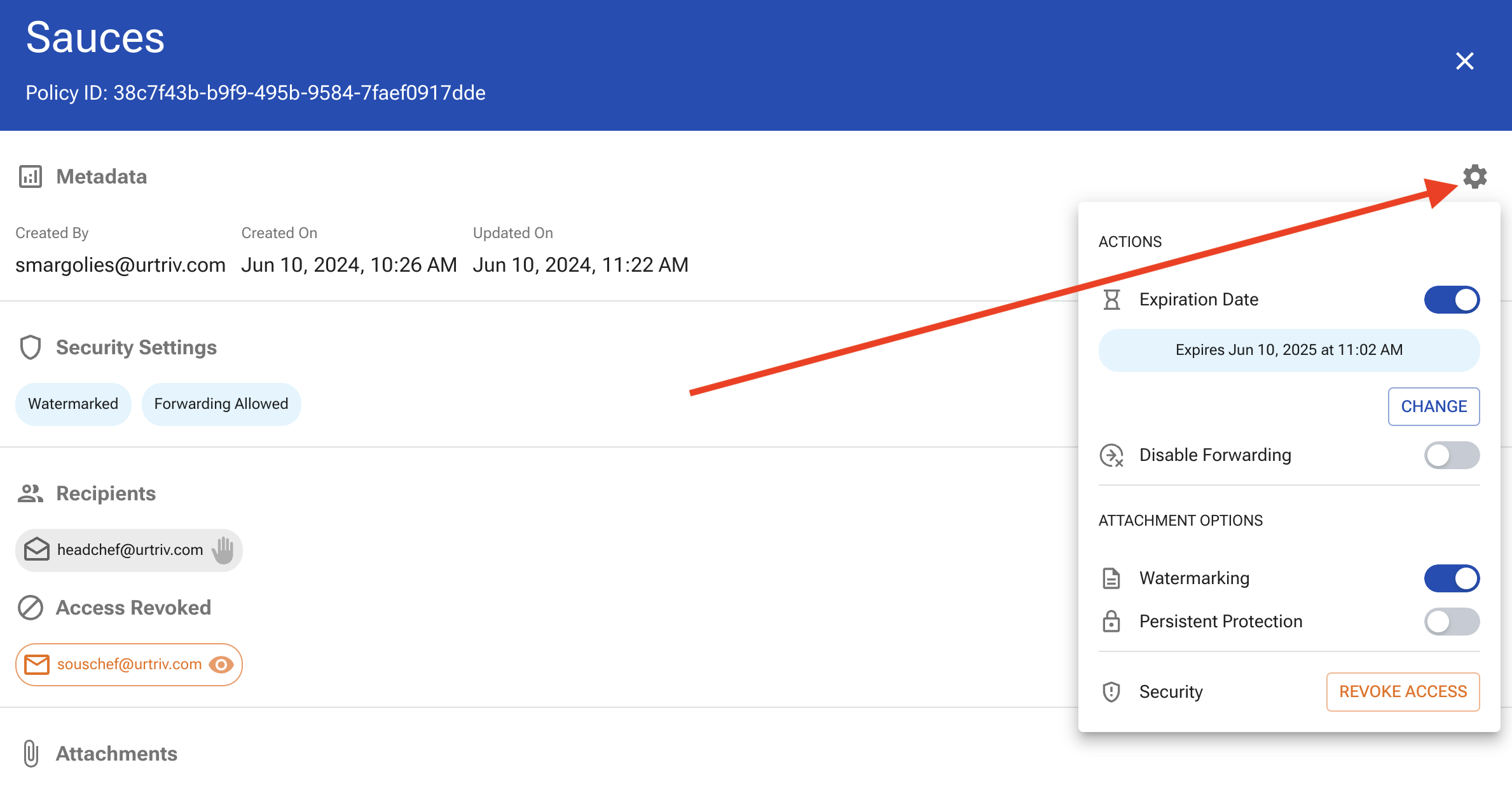 Actions gear in metadata menu