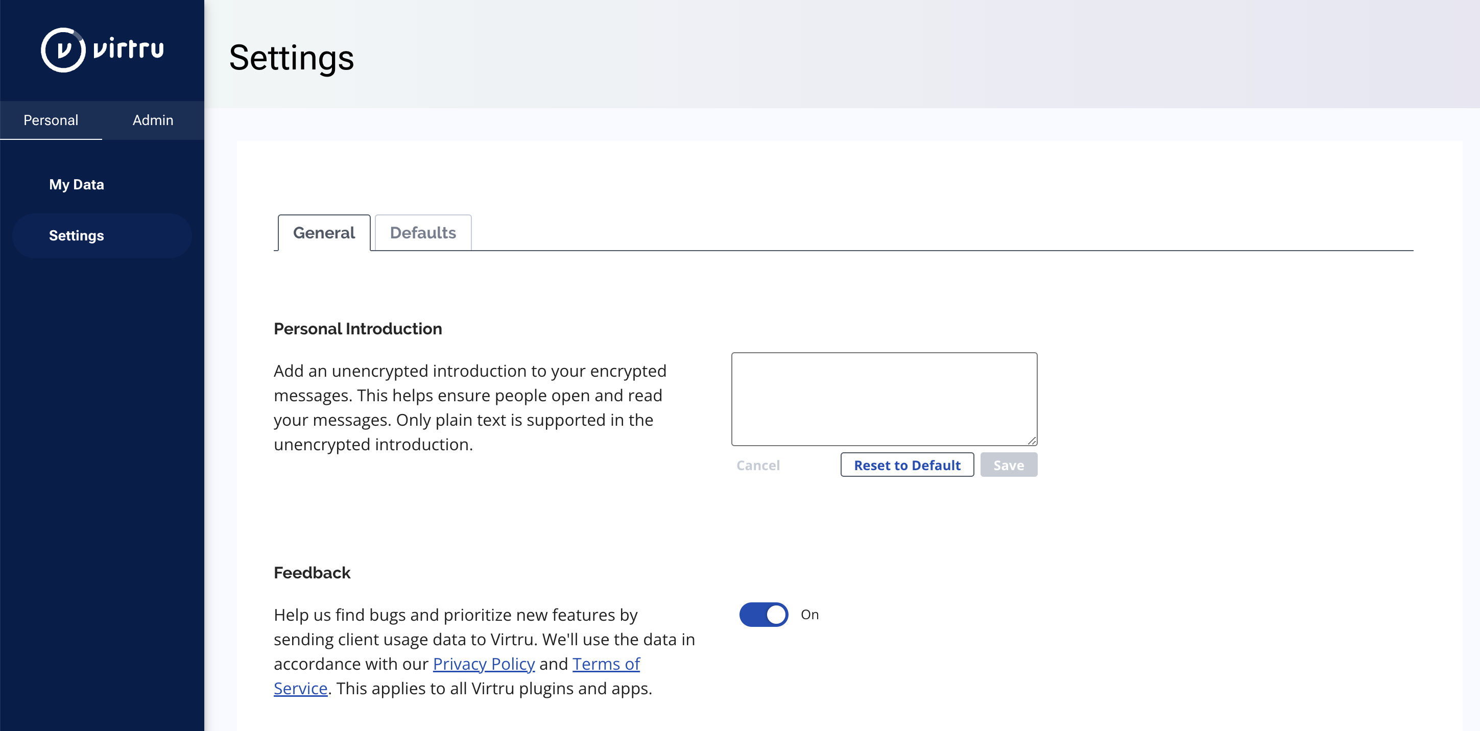 Personal Settings page