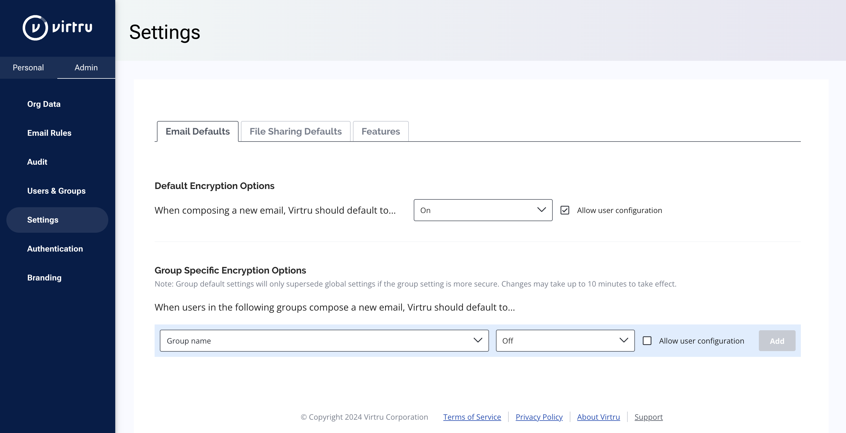 Admin Settings page