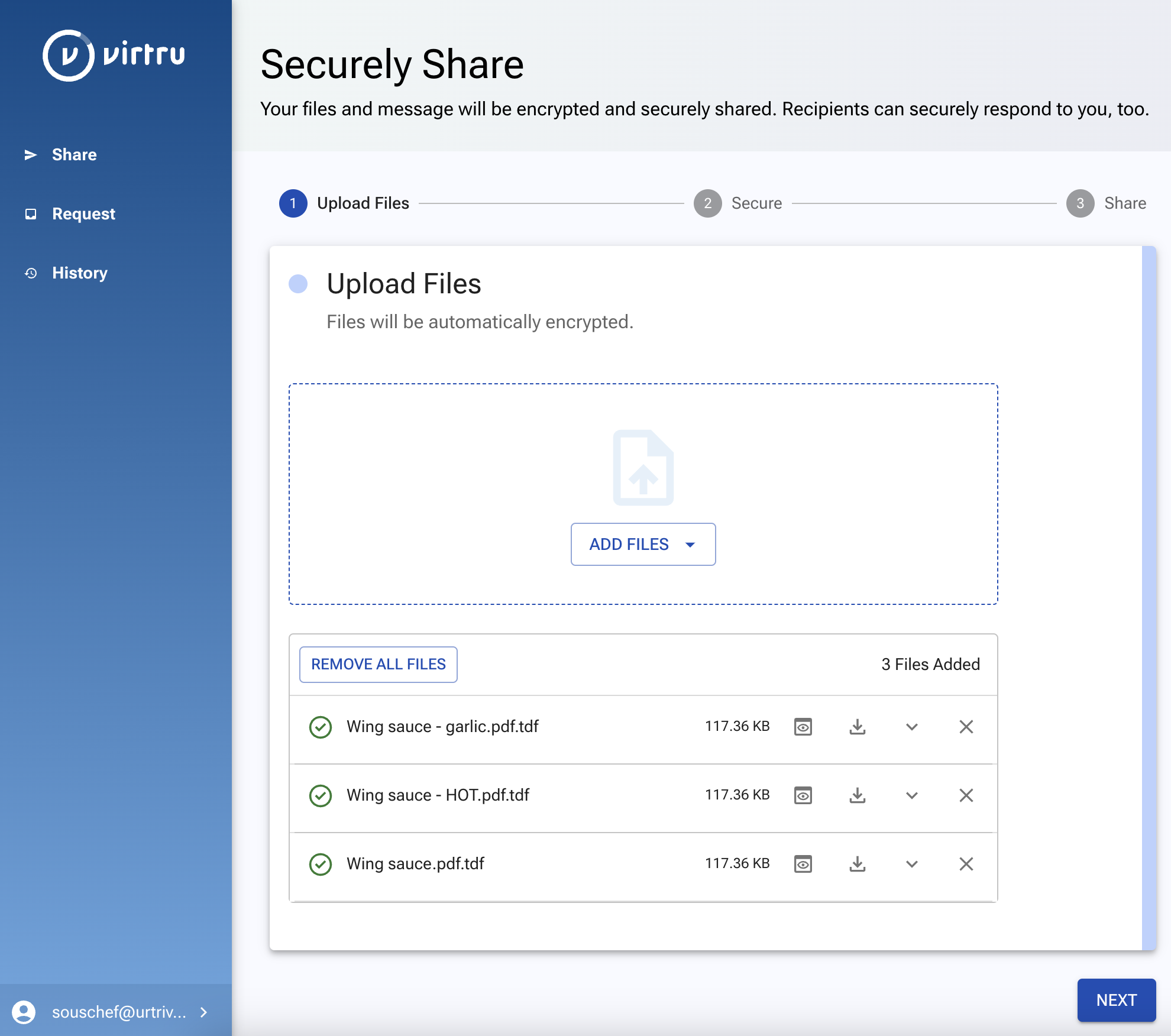 Upload Files screen