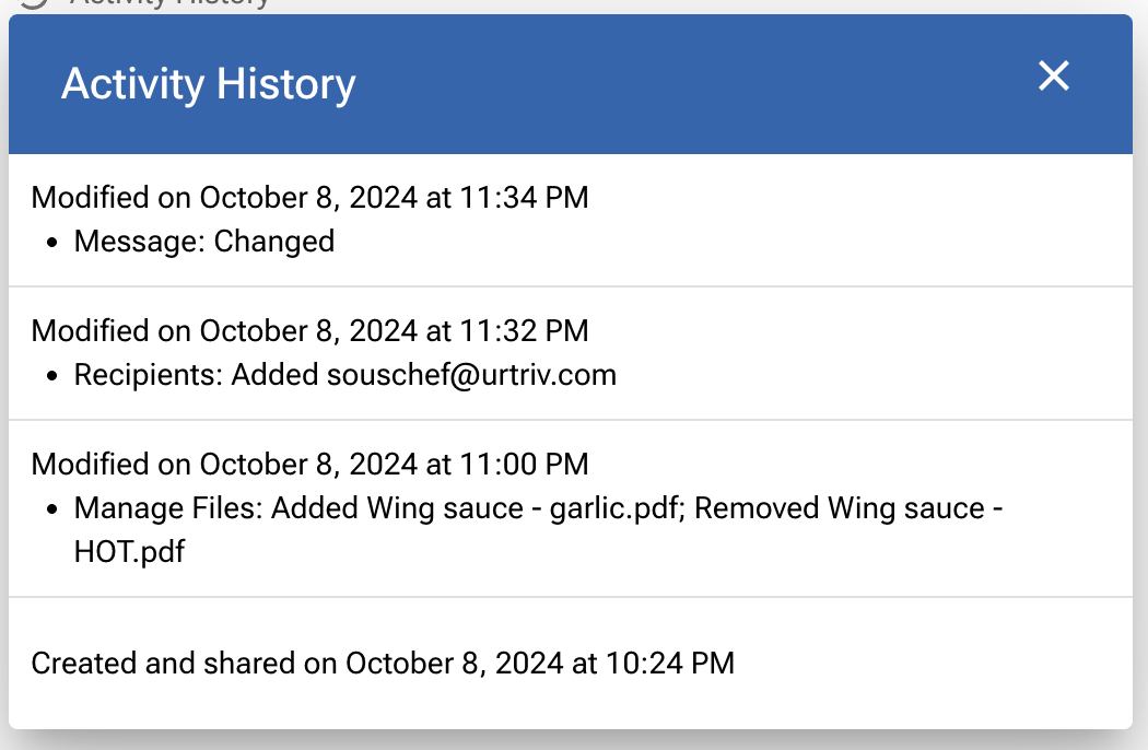 Activity History pop out