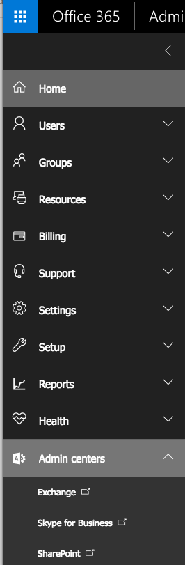 Office 365 navigation menu