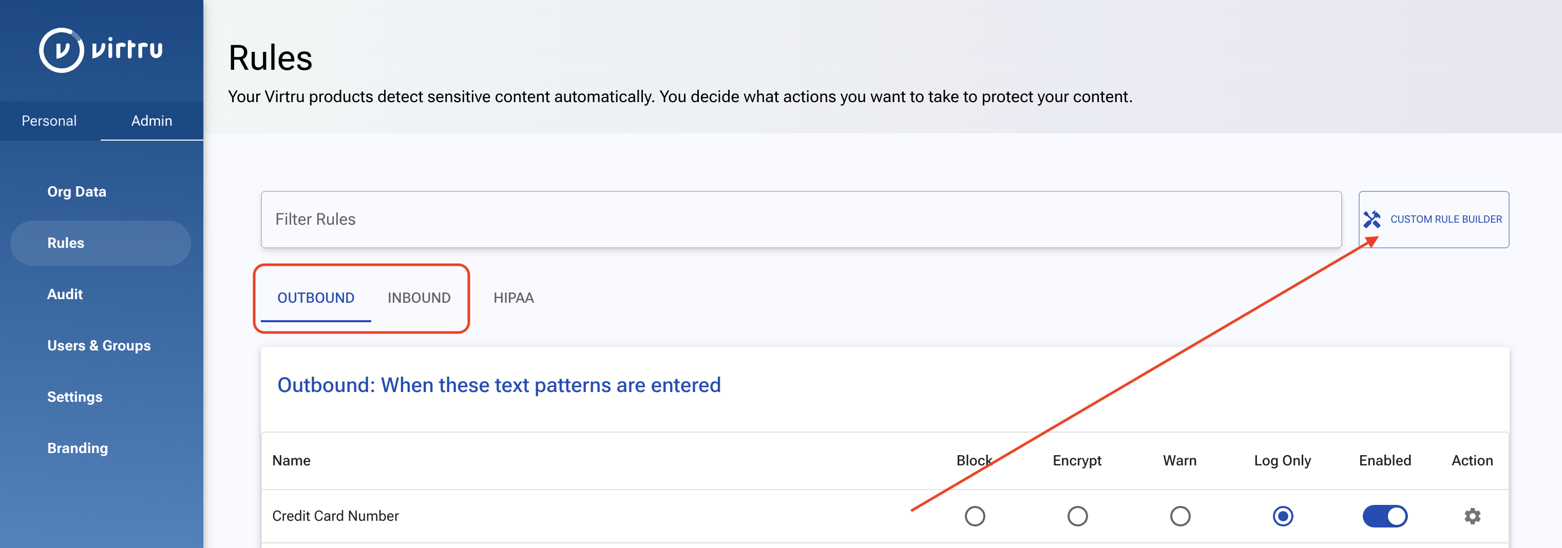 CUSTOM RULE BUILDER button and OUTBOUND and INBOUND tabs