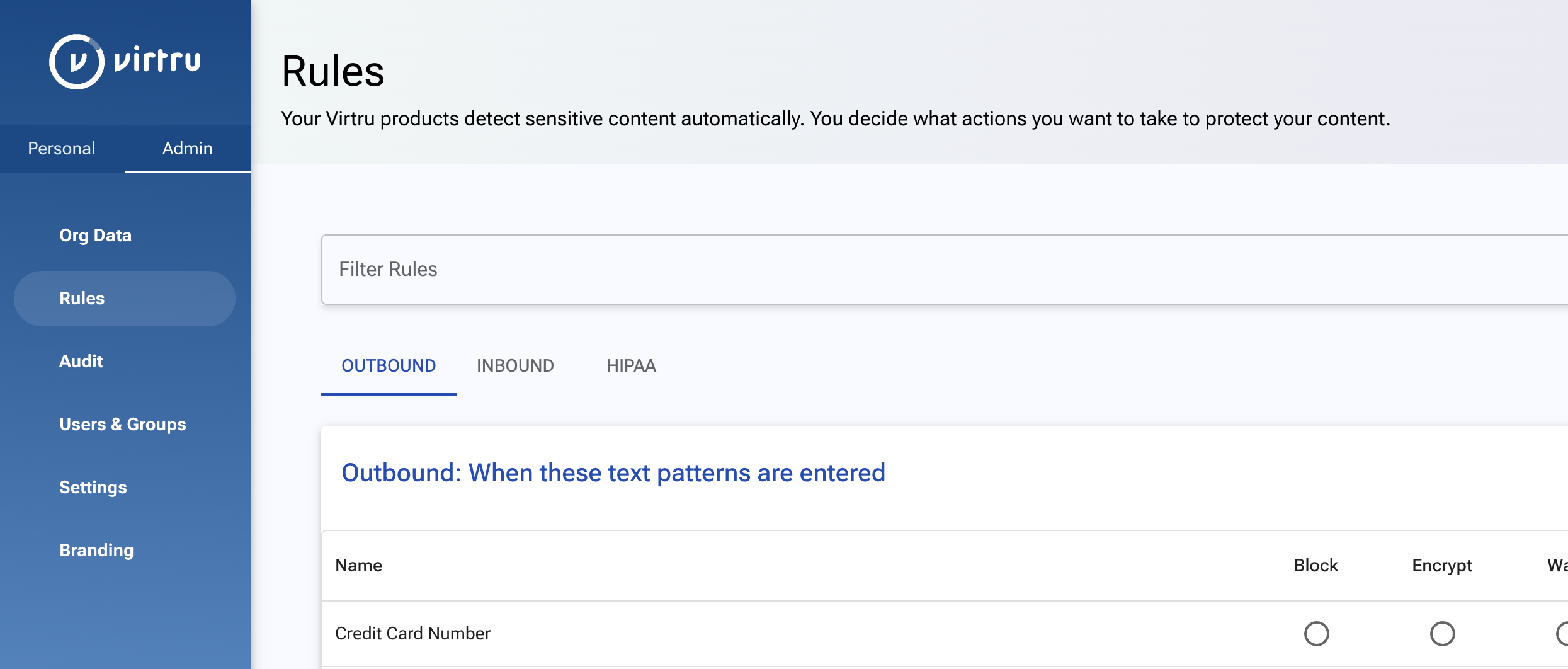 Rules page showing OUTBOUND, INBOUND, and HIPAA tabs