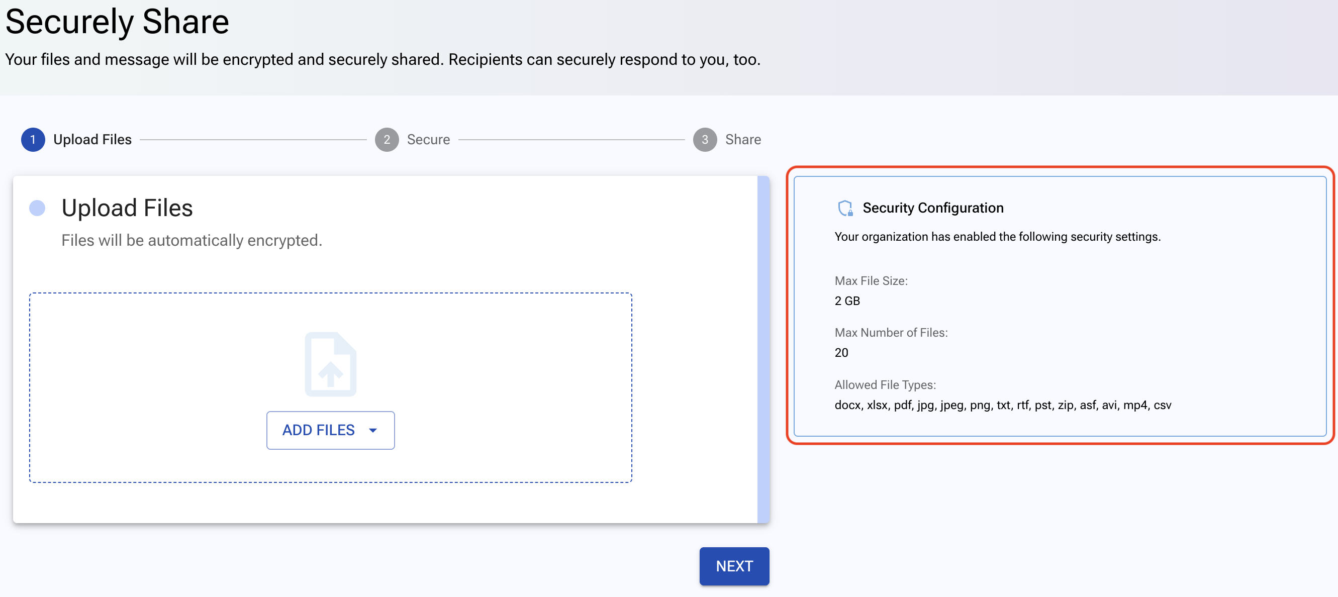 Upload Files step with custom Security Configuration