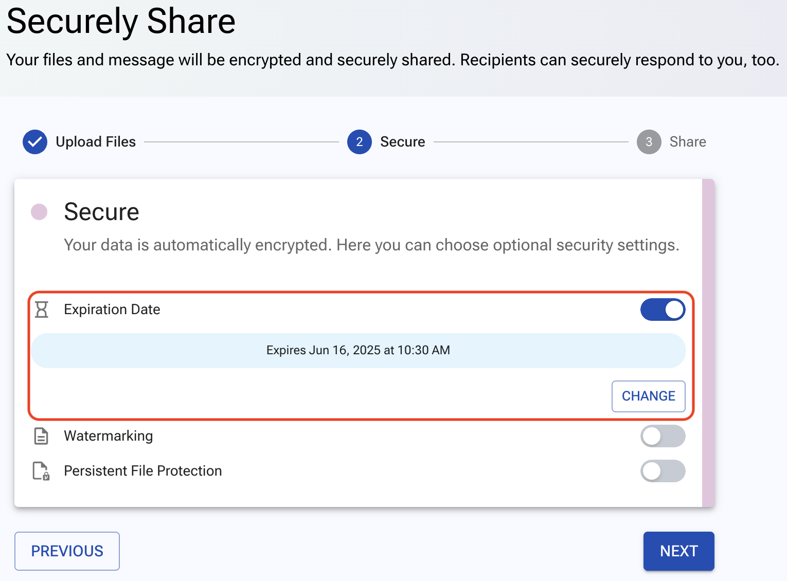 Expiration setting in Secure Share