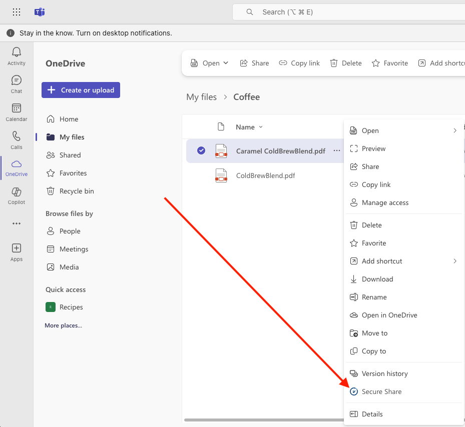 Secure Share option in OneDrive in Teams