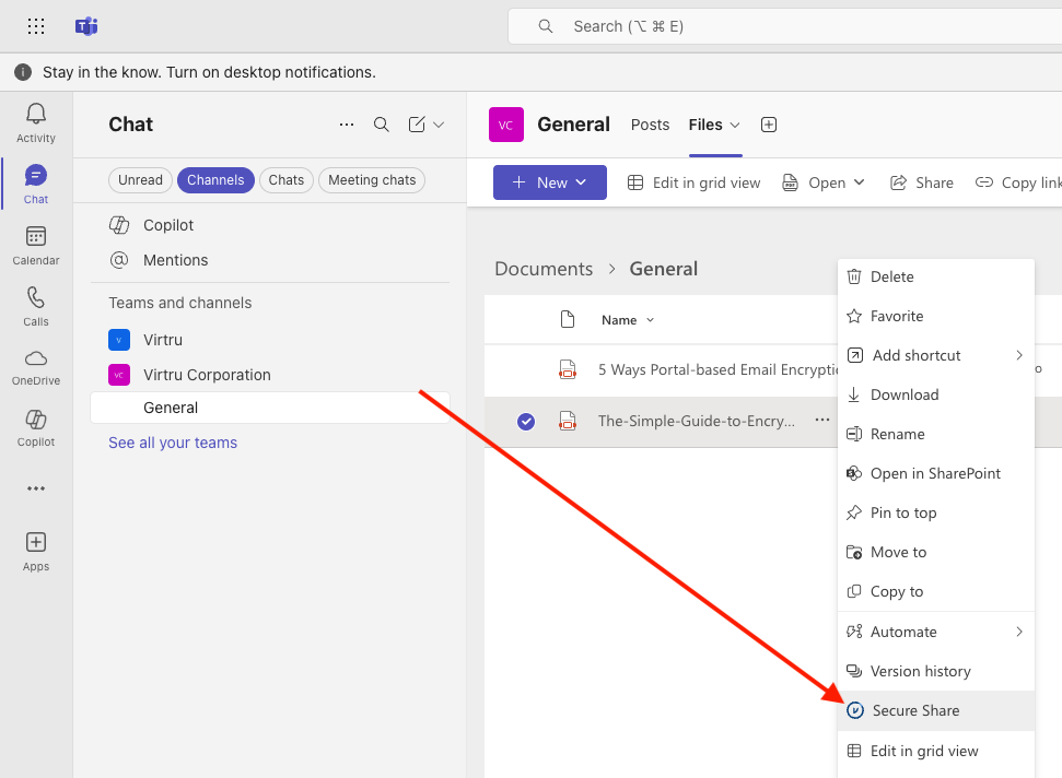 Secure Share option in a Channel Files page