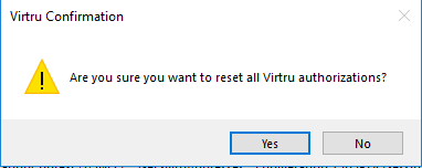 Virtru confirm reset activation dialog box with yes button highlighted