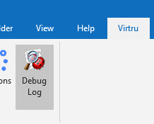 Virtru tab with Debug log button highlighted