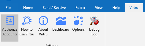 Virtru toolbar in Outlook with Authorize Accounts button highlighted