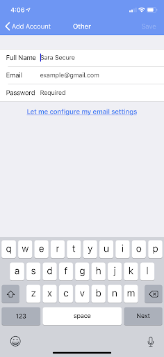 Other sign in page on Virtru app with 'Let me configure my settings' at bottom