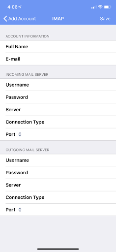 IMAP account settings page
