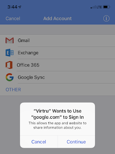 Prompt on Virtru app to allow Virtru to use google.com to sign in