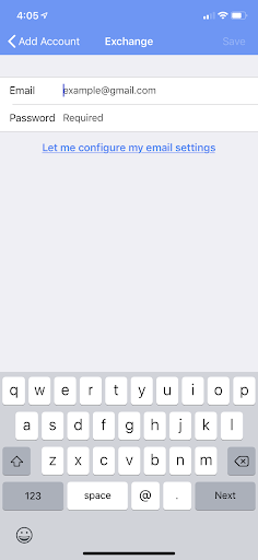 Exchange sign in page on Virtru app with 'Let me configure my settings' at bottom