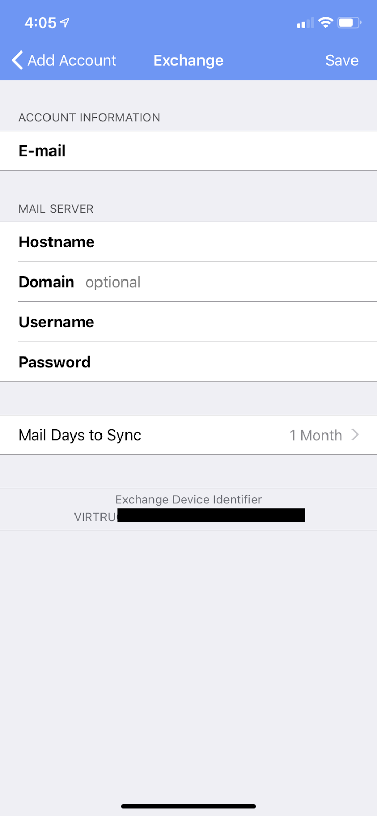 Exchange settings screen on Virtru iOS app