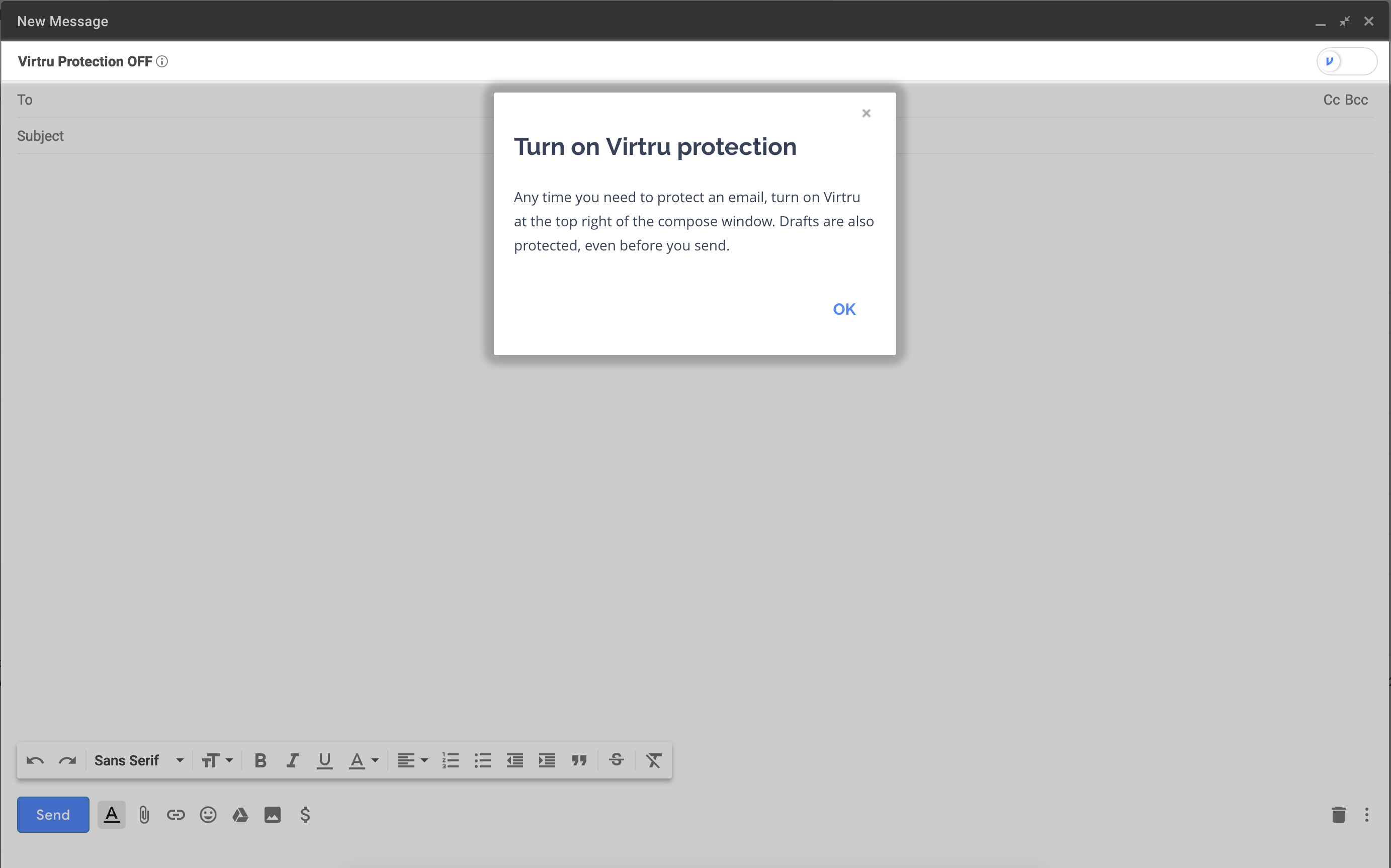 Compose window prompting user to toggle Virtru on