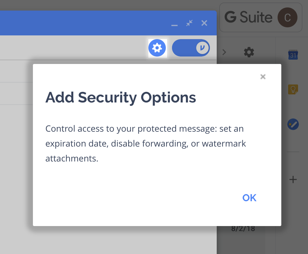 Gear option highlighted with modal explaining additional security options