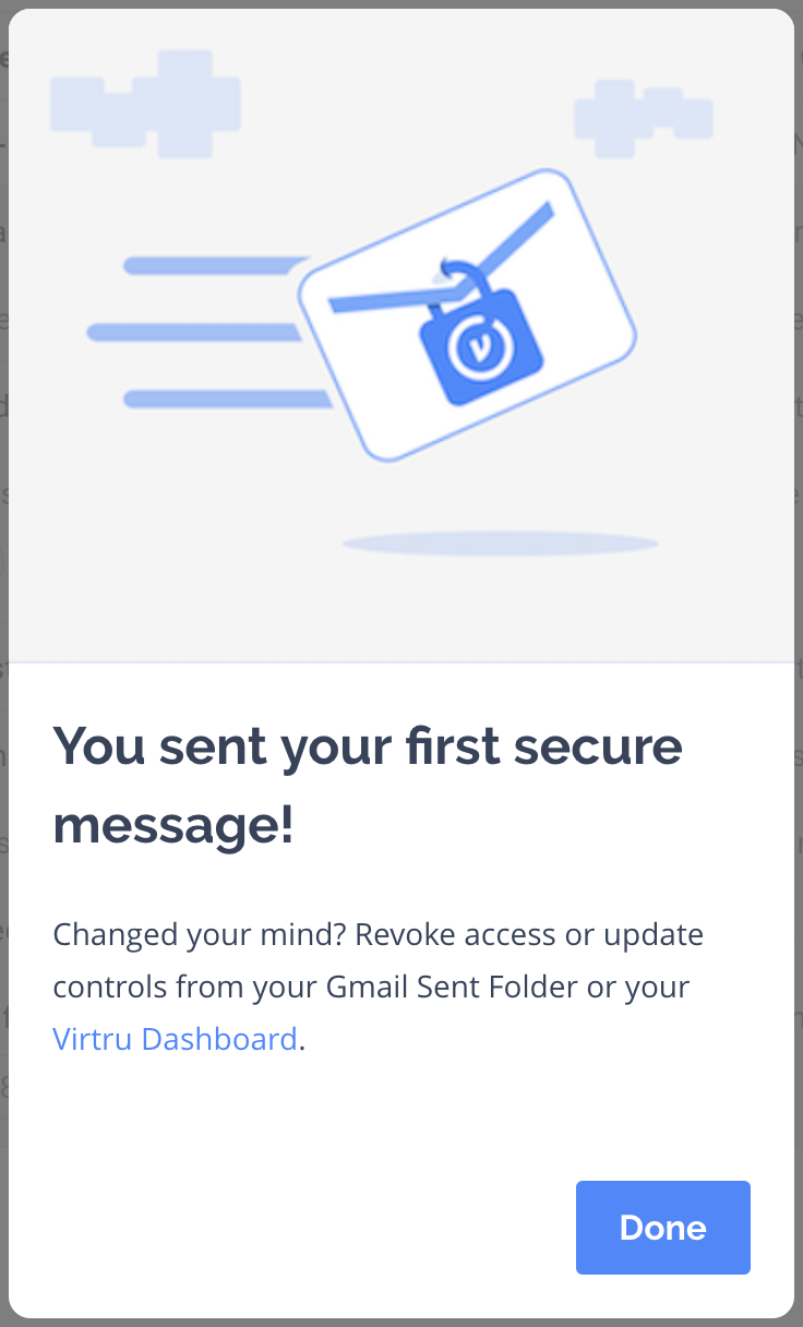 Modal letting user know that their secure Virtru email has been sent and how to update it
