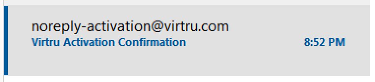 noreply-activation@virtru.com email in Outlook inbox