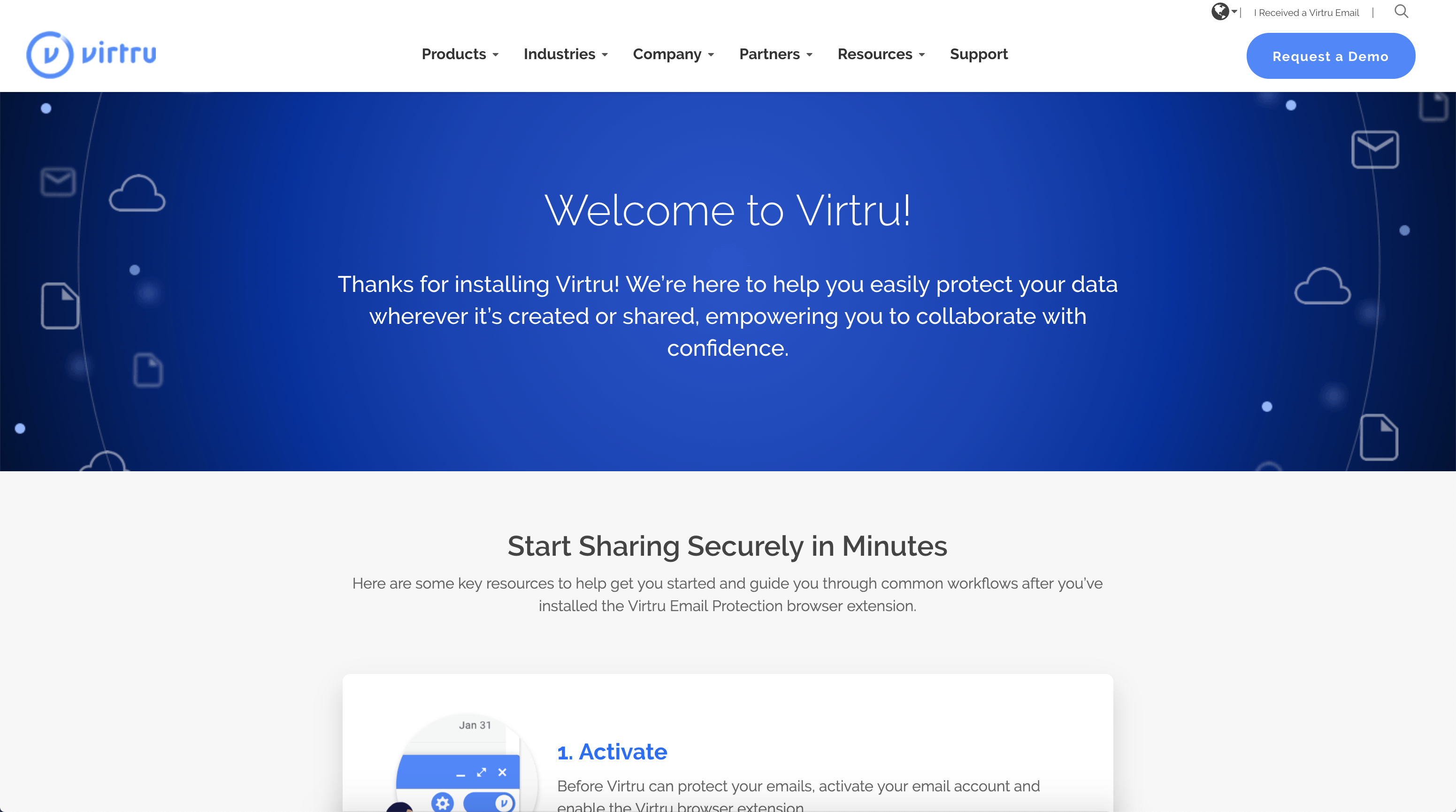 Virtru website welcome page