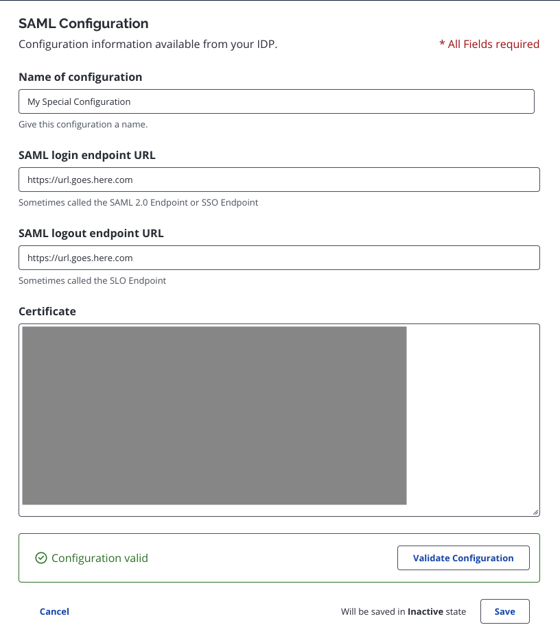 SAML configuration fields