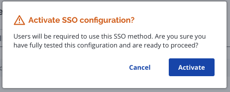 Activate SSO configuration modal - cancel or activate