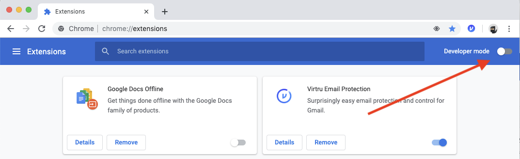 Developer mode toggle indicated in Chrome window